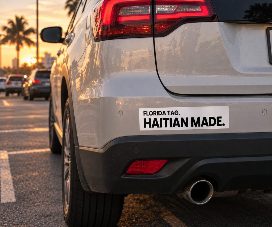 Concept rendering of a Florida Tag, Haitian Made car magnet on a car at sunset